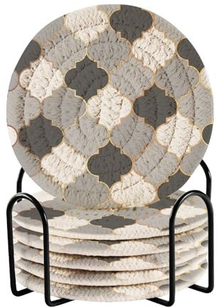 Getränkeuntersetzer, schwarz, weiß, grau, Spalier, Mosaikfliesen, Untersetzer, Set mit 6 Stück, mit Halter, rund, saugfähig, Tassenmatten für Bar, Kaffee, Tischschutz