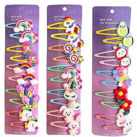 Horquillas Pelo Niña, 30 Piezas Accesorios para el cabello niña, Unicornio pinzas para el cabello niñas, pasadores accesorios, diferentes diseños, multicolor, aguacate, arcoiris, unicornio