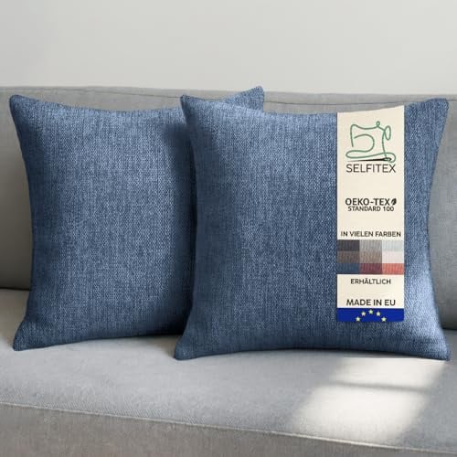 Selfitex 2er Set Sofakissen 50x50 cm, inkl. Füllkissen, gewebter Canvas Stoff, Matte & strukturierte Oberfläche, weiche Polyester Füllung, in Handarbeit gefertigt – Made in EU (Blau)