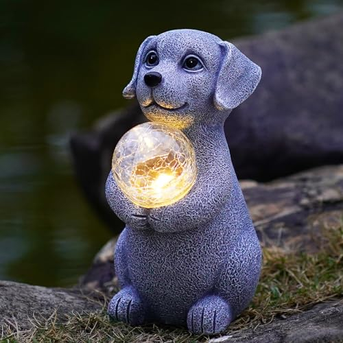 Yeomoo Hund mit Solar Ball Figuren Deko Wohnzimmer Gartendeko: Lustige Dog Figur Geschenke für Frauen Mama Männer Geburtstagsgeschenk Wasserdicht für Draußen Garten Balkon Zimmer Dekoration Grau