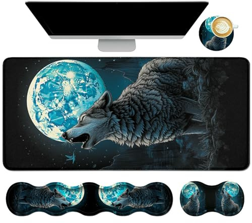 Dikoer 4Pcs Memory Foam Keyboard Mouse Wrist Rest Pad + Gaming Desk Mat 31.5 * 11.8 with Stitched Edges + Mouse Wrist Cushion + Coasters, Non-Slip Desk Pad Protector for Laptop Desktop, Wolf Moon