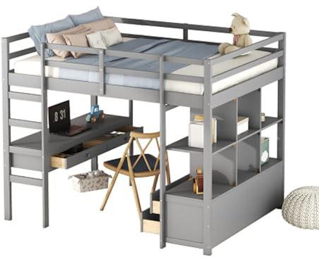 LUNEX HOME Hochbett 90/140 x 200 cm mit Schubladen, Schreibtisch unter dem Bett und Fallschutz, Weiß (Grau, 140 x 200 cm)