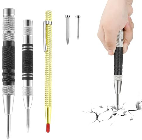 3pc Self-Striking Adjustable Positioning Tool Set, Spring Loaded Centre Punch with Alloy Scribe, Automatic Centre Punch for Wall, Glass, Wood