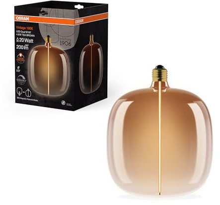 Osram Vintage 1906 Big Oval ist eine dimmbare, dekorative Lampe mit LED-Glüwendel-Magnet-Technologie. Sie bietet 4.8 W für 200 lm, E27 Fassung, Tea Brown Design, 187 mm Durchmesser, CRI 80.