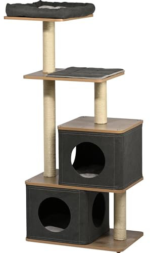 dobar® Kratzbaum Hannah aus Holz mit Sisal Kratz-Stämmen und anthrazitfarbenem Bezug - Katzenmöbel mit Kuschelhöhle - 58 x 38 x 133 cm