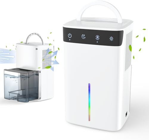 Deshumidificador Pequeño Portátil 2.6L,Eléctrico Portatil Deshumificadores de humedad, Ultra Silencioso con Modo Dormir,Apagado Automático,luz LED de 7 colores,ara el Dormitorio,Baño, Armario
