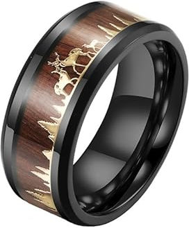 Joievievie Ring Rentier Hirsch Baum Wald aus Holz, schwarz plattiert, Weihnachtsschmuck für Damen und Herren, Edelstahl