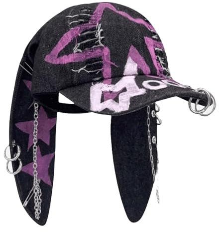 WUODHTW Y2k Baseballkappe mit Ohren, Metall, Eisenring, Kette, Used-Look, Denim, Baseballkappe, Sonnenkappe, Hiphop-Tanzhut, Hasenhut, a11, Einheitsgröße