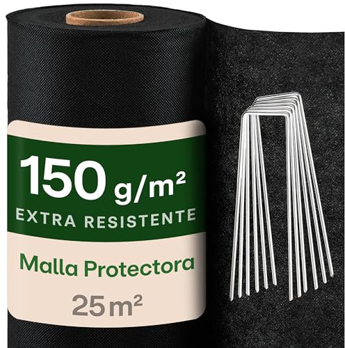 Praknu Toile de Paillage 150g/m² avec 12 Piquets – Ultra Résistante & Anti-Déchirure – 25m² Toile Anti-Mauvaises Herbes – Idéale pour Allées, Graviers & Jardins Minéraux
