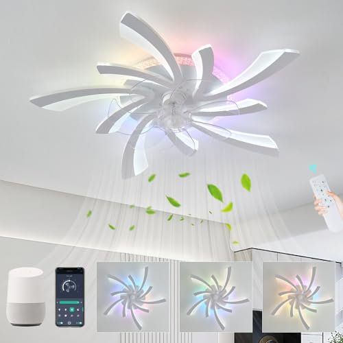 GWYAJTU RGB Deckenventilator Mit Beleuchtung Kompatibel mit Alexa, Moderne Blume Ventilator Lampe LED Dimmbar, 6 Gang DC Motor Reversibler Deckenlampe Mit Ventilator Für Schlafzimmer Wohnzimmer-Weiß