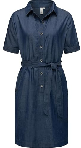 Ragwear Damen Sommerkleid Kurzarm Midikleid in Denim-Optik mit Haifisch-Kragen und Taillenband Rozyna Denim YOUMODO XS-3XL