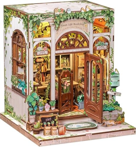 CUTEBEE Book Nook Kit - DIY Holz Miniature House Garten, Miniatur Haus Selber Bauen Bücherregal Dekoration, Einzigartiges Geschenk für Familie und Freunde (Green Life Bookshop)