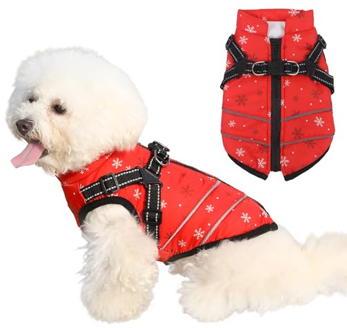 Mitili Manteaux d'hiver pour Chien Imperméable, Manteau Chien Hiver avec Harnais, Veste d'hiver Chaude pour Chiens avec Doublure en Polaire, Vêtements Gilet pour Petit (Flocon Neige, XXL)