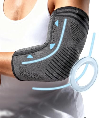 2 Stücke Rutschfeste Ellenbogenbandage mit Gelpolster und Seitenstabilisatoren, Kompression Ellenbogen Bandage Ellenbogen für Golferarm und Andere Sport, Stützt Sanft die Gelenke, Grau-Schwarz (L)