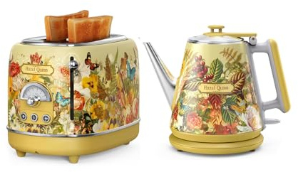 Hazel Quinn X Eduardo Recife Ensemble Bouilloire Grille Pain, Bouilloire Electrique 1 L 1360 W, Acier Inoxydable, Sans BPA, Parois Doubles + Grille Pain 2 Fente 815 W, 3 Fonctions 6 Niveaux de Cuisson
