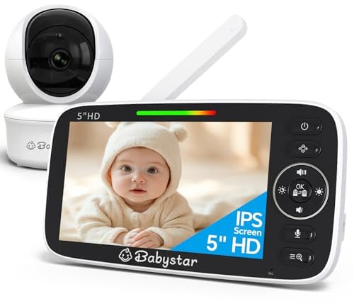 Babystar Babyphone mit Kamera ohne WLAN, 5 720P Baby Monitor, 4000mAh Akku | 355° Schwenken-120° Neige-Zoomen, Nachtsicht, VOX Schlafmodus, 2-Wege-Audio, Temperaturanzeige, Schlaflieder
