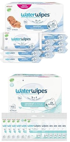 Bundle of WaterWipes Sensitive+ Newborn & Baby Wipes, 540 Count (9 Packs)+ WaterWipes Sensitive+ On The Go Wipes, 100 Count (10 Packs), 3-In-1 Cleans, Cares, Protects, 99.9% Water, Unscented Wet Wipes