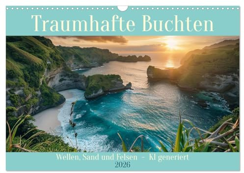 Traumhafte Buchten (Wandkalender 2026 DIN A3 quer), CALVENDO Monatskalender: Wellen, Sand und Felsen - KI generiert (CALVENDO Natur)
