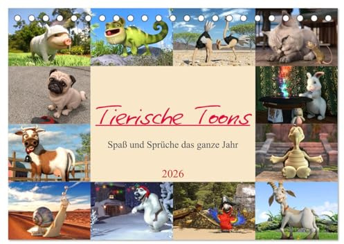 Tierische Toons (Tischkalender 2026 DIN A5 quer), CALVENDO Monatskalender: 12 witzige Cartoon-Tiere und die passenden Sprüche dazu. Ein Spaß für das ganze Jahr. (CALVENDO Spass)