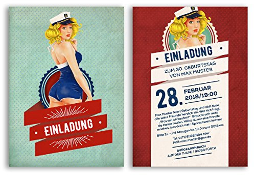 (50 x) Einladungskarten Geburtstag Pin Up Girl Vintage Retro alt Einladungen Rot