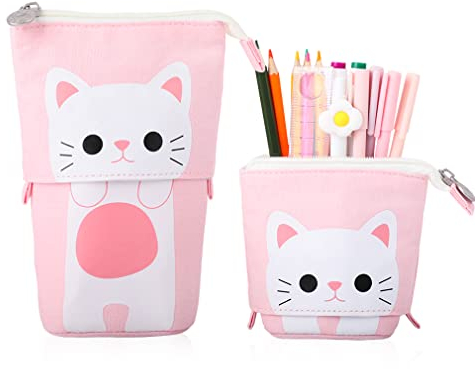 iSuperb Leinwand und PU Verwandeln Mäppchen Etuischule Täschchen Federmäppchen Kosmetiktasche Organisator Süße Kätzchen in 3 Farbe 19 x 12.5 x 7.5cm (Rosa)