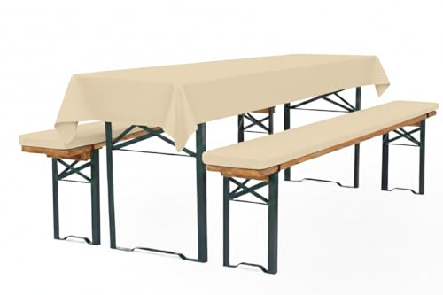 TexDeko® XL Bierbankauflagen 3-TLG Set extra dick mit Tischdecke Creme | Premium Auflagenset gepolstert 220x25x4cm für Bierzeltgarnitur, waschbar mit Reißverschluss, inkl. Tischdecke 250x100cm
