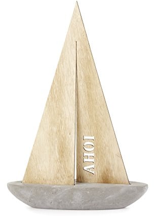 Heitmann Deco - Segel-Schiff mit Schriftzug Ahoi - aus Stein und Holz - für Geburtstag - maritime Deko für Wohnung und Haus - Tischdeko, 23 x 7 x 34 cm, Beige