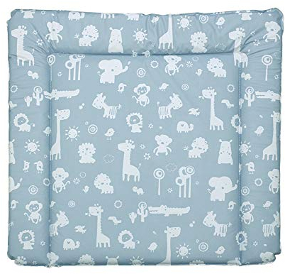 New Swedish Design Wickelauflage 77 x 73 cm, Wickelunterlage für 80 cm Breiten Wickelaufsatz für Kommoden, z.B. von NSD oder Puckdaddy, schadstofffrei, abwaschbar ZOOTIERE GRAU BLAU