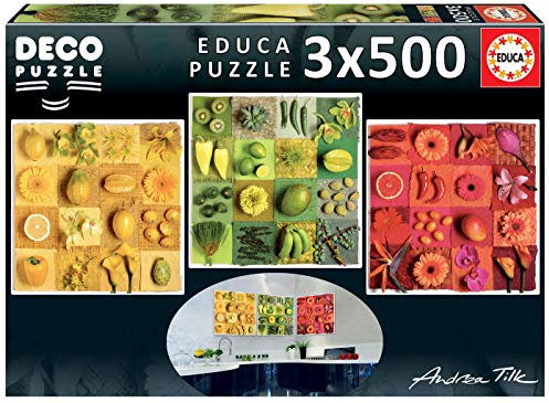 Educa 18454 Früchte und Blumen, 3x500 Teile Deko Puzzle für Erwachsene und Kinder ab 10 Jahren, Puzzelset
