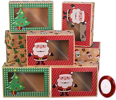 12 Stück Weihnachtsplätzchenboxen Keksschachtel Keksboxen Weihnachten Pralinenschachtel Leer Geschenk Boxen zum Befüllen Karton Papier Plätzchen Verpackung Cookie Box mit Sichtfenster Weihnachtsbänder