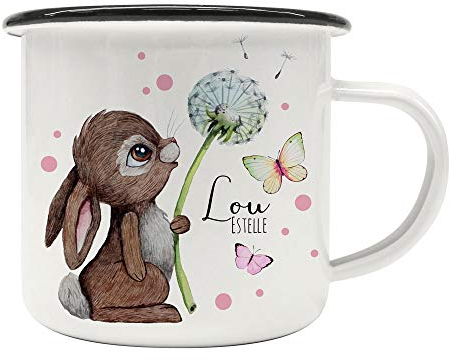 Emaille Becher Camping Tasse Motiv Hase Häschen Pusteblume Schmetterlinge rosa Punkte & Wunschname Name Kaffeetasse Geschenk eb490 - ausgewählte Farbe: *schwarzer Becherrand*