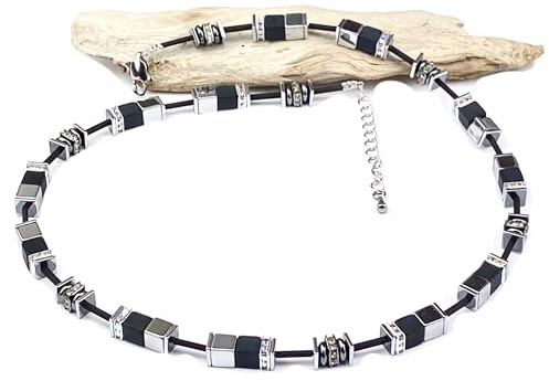Handgemachte Hals Kette mit Polaris Würfel, Hämatit, Edelstein, Strasssteinen, Edelstahlverschluss plus 5 cm Verlängerung, Setoption: Armband und Ohrringe aus 925 Sterling oder Edelstahl