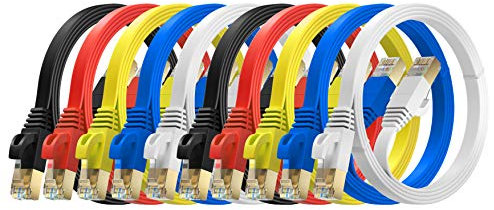 MutecPower 2m 10 Pack Cables de red Ethernet ULTRA PLANO CAT 7 con enchufes RJ45 Cable Delgado Patch LAN Latiguillo - Cables de 2 metros rojo/amarillo/azul/negro/blanco con bridas y clips