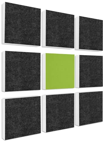 platino24 Akustikpaneele 9 Elemente Colore Quadrat 27,5 x 27,5 cm Anthrazit + Hellgrün I Schallabsorber aus Basotect G+ mit Akustikfilz I Schalldämmung Wand & Decke I Akustikelemente Wandpaneel