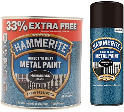 Hammerite 5158237 Metal Paint - Hammered Black, 1 L & 5084781 Metal Paint: Hammered Black 400ml (Aerosol)