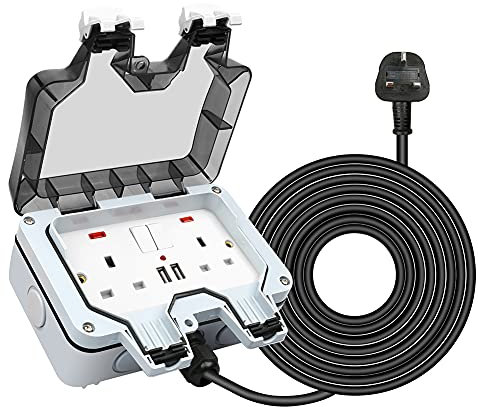 2 Gang Outdoor Sockets Waterproof Double Socket with 2 USB Charging Port, IP66 Waterproof Outdoor Power Socket, 13A Garden Extension Lead Switched Weatherproof Cable Plug Outlet(with USB-5 m(16ft))