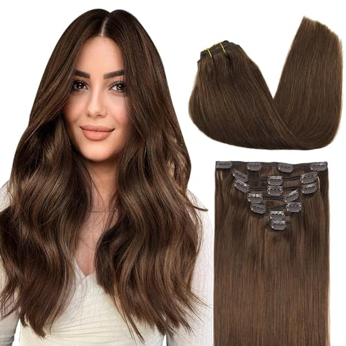 GOO GOO Clip in Human Hair Extensions, 22inch 120g 7pcs, Hair Extensions Clip in, 4A Chocolate Brown