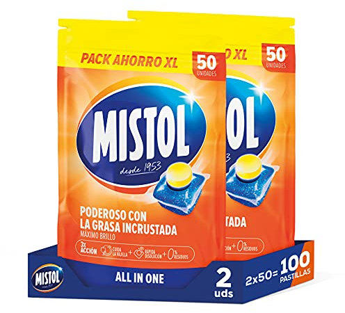 Mistol All In One - 100UDS Pastillas Lavavajillas con Potencia Desengrasante Avanzada, Brillo Intenso y Disolución Rápida, Protección Total y Cero Residuos - Limpieza Eficaz y Responsable