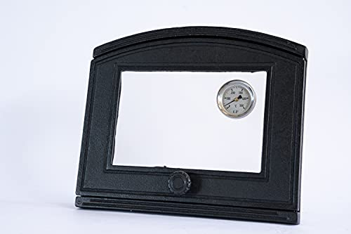 Euro Sezam - puerta de horno de hierro fundido negro - puerta de horno maciza gruesa para diestros - puerta de horno de pizza - DZP15T500 termómetro de 500C - 372x320 mm