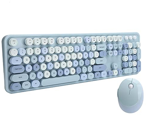 ciciglow Kabellose Tastatur und Maus-Kombination,Bunte Schreibmaschinentastatur mit Runder Taste und Nummernblock,USB Kawaii-Tastatur, Kompatibel mit Windows/Laptop/PC-Computer(Blaue Mischfarbe)