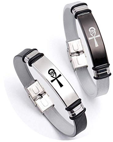 KBNSUIAN Auge des Horus Ankh Armbänder Set, 2er-Pack Edelstahl Agyptische Symbolik Kreuz Amulett Schutz Armreif für Männer Frauen, Silber, Schwarz