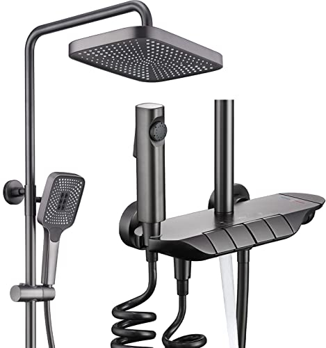 JMXD Duschsystem mit Thermostat Duschset Wand Klaviertaste Duschgarnitur Höhenverstellbar Regendusche Set mit Duscharmatur, 12 Zoll Duschkopf, Handbrause, Bidet-Spray, Gun Gray