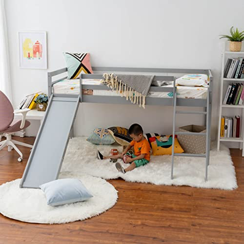 Panana Mid Sleeper Twin Loft Bed with 3FT Single Bed for Kids, Loft Bunk Bed with Slide and Ladder, Grey