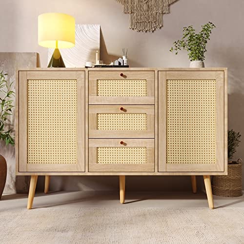 FEZTOY Kommode mit 2 Türen und 3 Schubladen, Rattan, Verstellbare Ablage, Massivholzfüßen, für Wohnzimmer Schlafzimmer-120 x 82 x 40 cm (B/H/T)