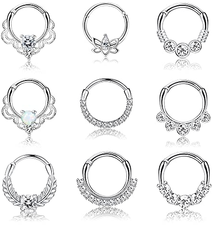 Kakonia 9Stk Septum Piercing Chirurgenstahl für Damen Herren 16G Zirkonia Nasenpiercing Ring Tragus Helix Daith Piercing Schmuck Silber Septum Clicker Ring Set 10MM