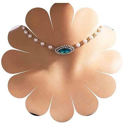 Yheakne Boho Perle Perlen Choker Halskette Hellblau Kristall Anhänger Halskette Jahrgang Perlenkette Halskette Oval Himmelblau Topas Halskette Kettenschmuck Für Frauen Und Mädchen