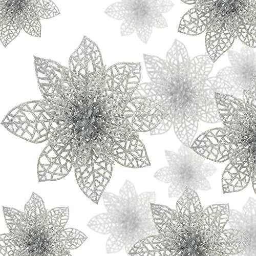 Festive Fix Poinsettia Flower Decorations - 24 Glitter Artificial Christmas Flowers in Silver - Elegant Décor for Trees, Wreaths, Garlands & Holiday Displays in 3 Sparkling Sizes