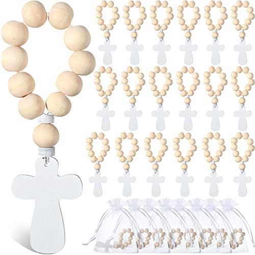 Deekin 60 Stück Holz Rosenkranz Holz Bulk Katholische Rosenkranz Perlen mit Kruzifix Holz Kreuz Anhänger mit weißen Netztaschen für Taufe Erstkommunion Konfirmation Baby Shower Brautdusche Männer