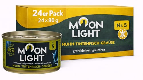 Moonlight Premium Nassfutter für Katzen, Nr.5 (24x80g Dosse) - getreidefreie Rezeptur - Delikatesse im eigenen Saft - viel Fleischanteil, Huhn, Tintenfisch und Gemüse