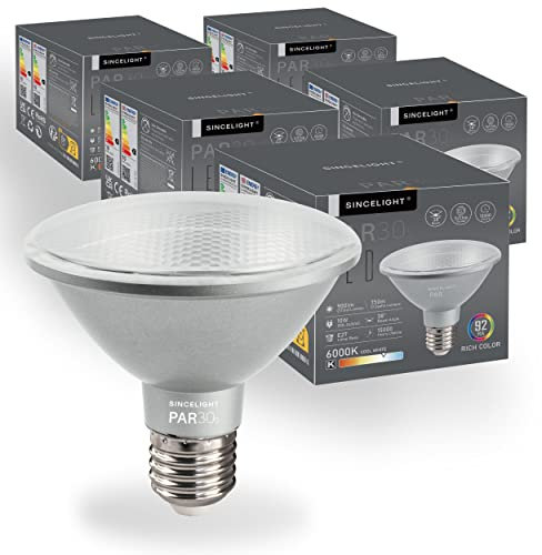 SINCELIGHT PAR30s LED-Glühbirne mit E27 Sockel, mit 38° Optischem Reflektor, 10W, Reiche Farbe RA≈92, Kaltes Weiß 6000K, 900 Lumen Äquivalent zu 90W Halogen, Packung mit 5